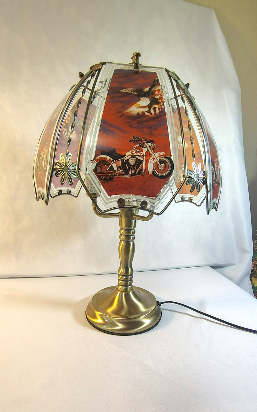Vintage 1960"s Patriotic Motorcycle and Eagle Table Lamp 3-way touch 22" Height